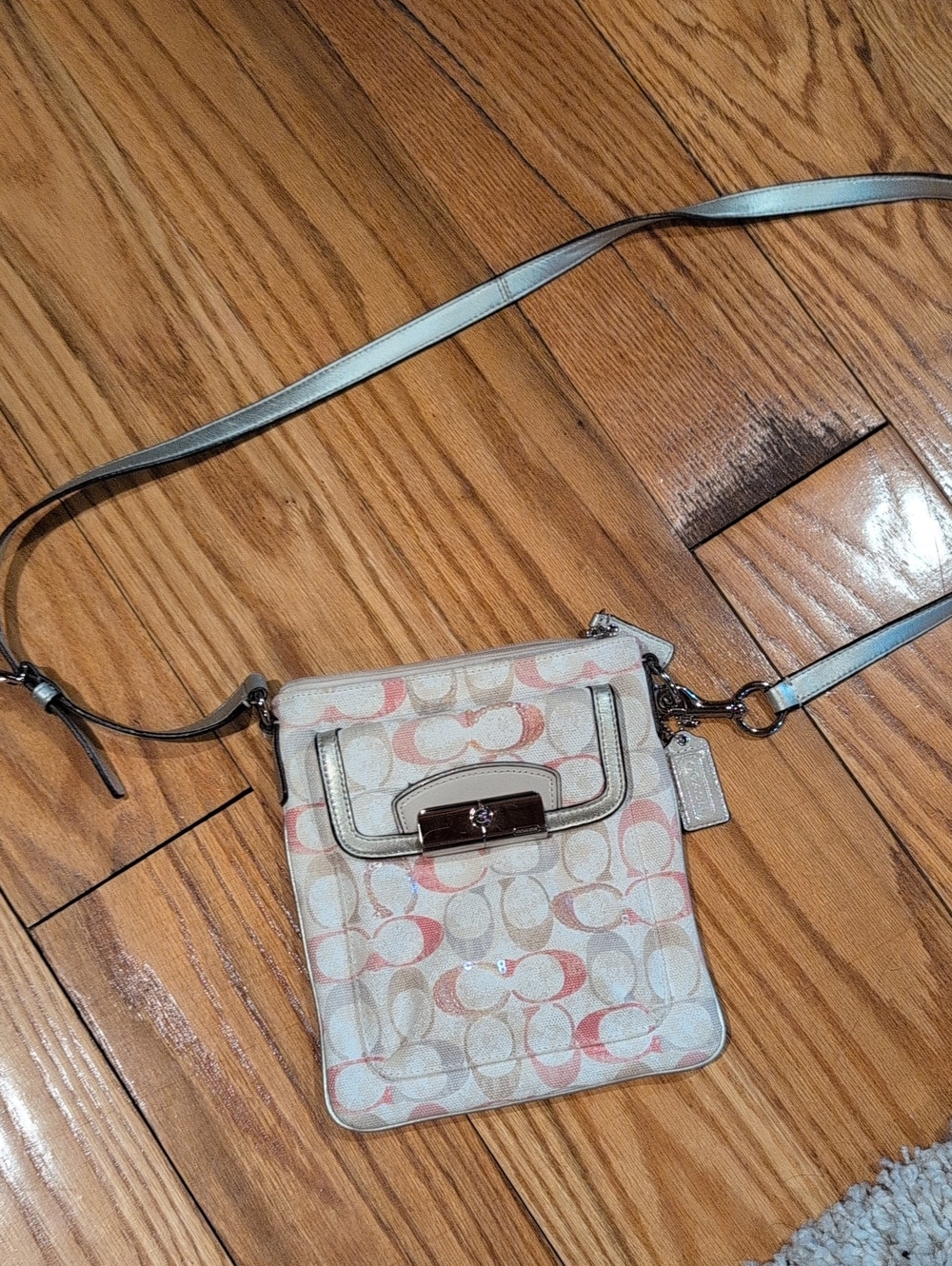 Coach Signature Crossbody in Pale Pink and Beige with Silver Strap